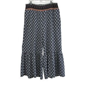 Bohemian Wide Leg Bloomer Pants Sz XL Ruffle Bell Bottom Pull On Pockets Hippie